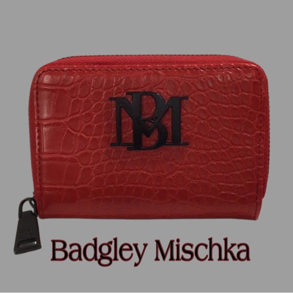 BADGLEY MISCHKA Croc-Embossed Red Vegan Leather Zip Around Bi-Fold Wallet